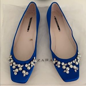 Zara bejeweled satin blue flats, sz 6.5